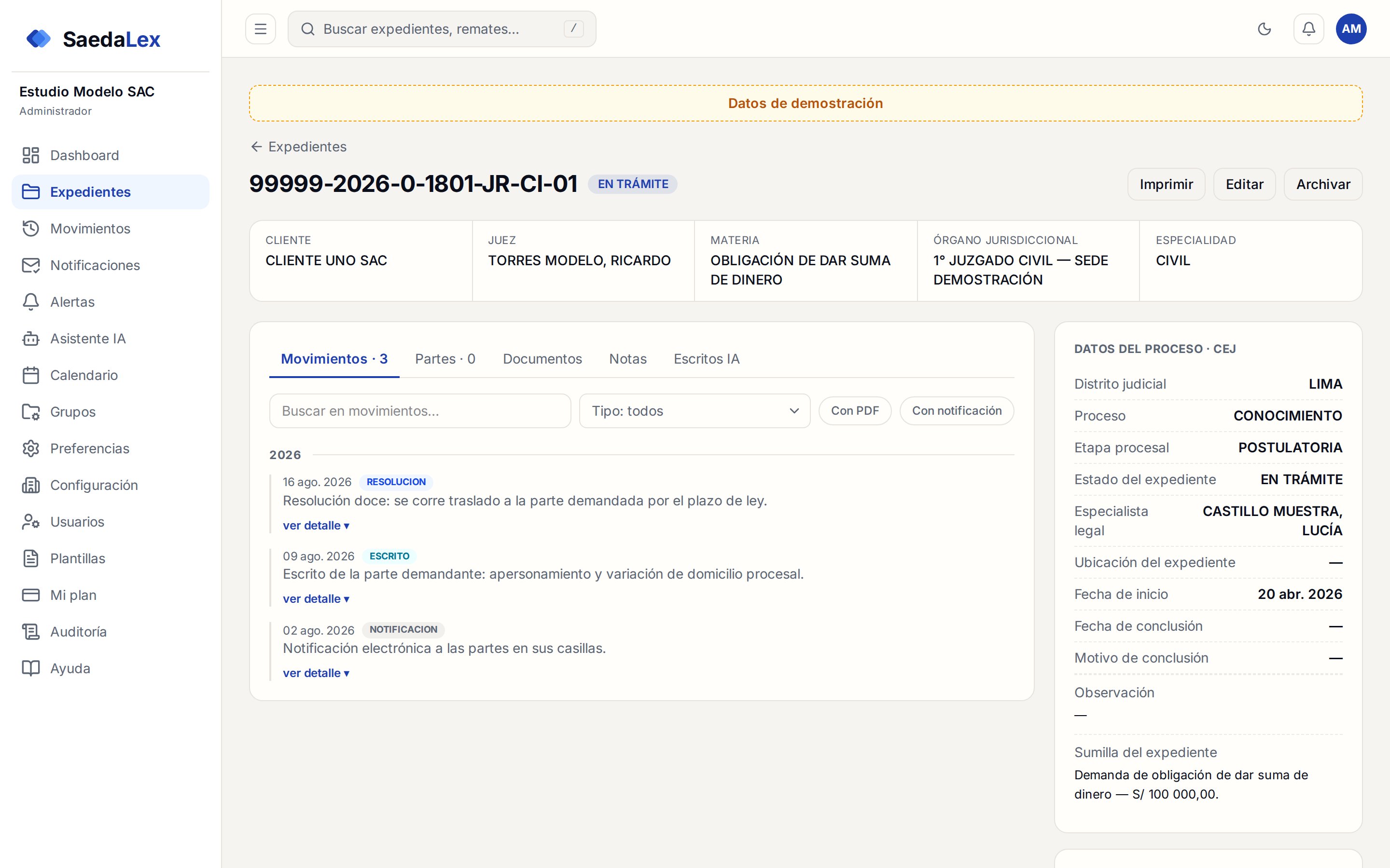 El detalle de un expediente confirmado en SaedaLex: ficha del CEJ con juez, materia y órgano jurisdiccional, y la línea de movimientos con resolución, escrito y notificación
